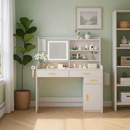 KATYGLORY Vanity Desk with Mirror and Adjustable LED Lights Makeup Vanity Table for Bedroom with Glass Tabletop Power Outlet Storage Bag 3 Drawers 1 Cabinet and 6 Storage Shelve,White