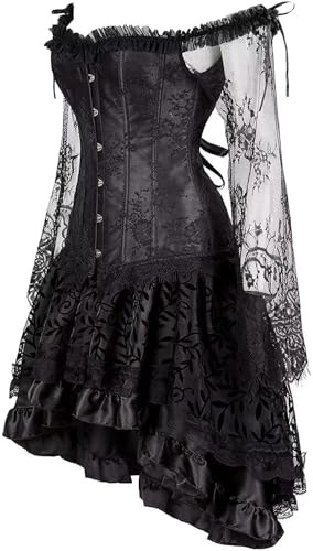 Jutrisujo Corset Top Skirt Set Dress Bustier Lace Long Sleeves Floral Plus Size Costume Halloween Women Black XXS