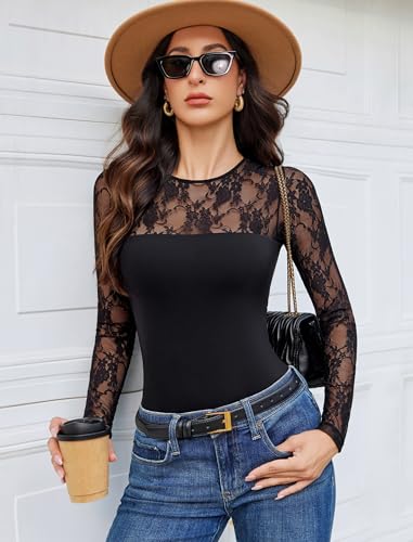 Avidlove Lace Long Sleeve Bodysuit for Women Crew Neck Body Suits Slimming Going Out Concert Tops Fall Outfits