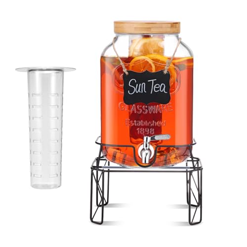 2 Gallon Drink Dispensers with Stand, Glass Beverage Dispenser with Stainless Steel Spigot and Bamboo Lid,Lemonade Dispens...