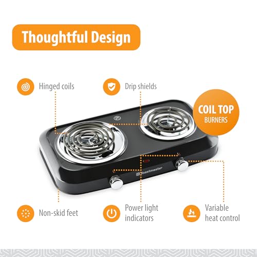 Toastmaster Double Coil Burner - Dual Countertop Burners with Drip Shield for Versatile Cooking - With Variable Heat Contr...