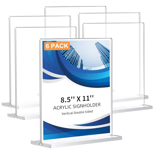 6 Pack Acrylic Sign Holder 8.5 x 11, Double-Sided Clear Sign Holder Plastic Stands for Display, T Shape Acrylic Table Sign...