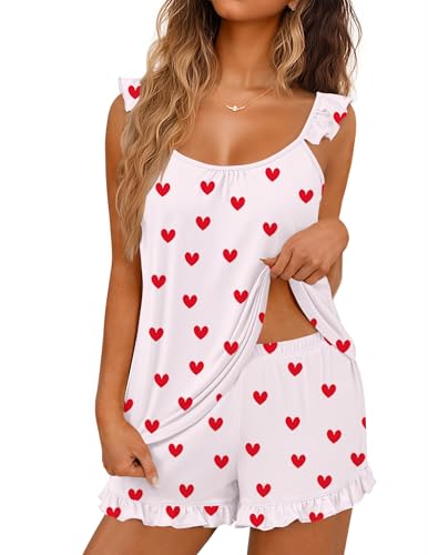 Ekouaer Pajama for Women Set 2 Piece Lightweight Summer Pajamas Soft Sexy Lingerie Ruffle Cami and Shorts Bridal Pj