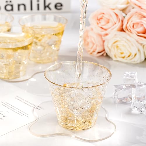 Goodluck 9 oz 100 PCS Gold Glitter Plastic Cups, Disposable Glitter Cups, Elegant Plastic Cocktail Glasses, Fancy Party Cu...
