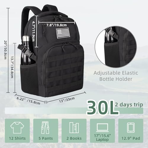 TBNBO Military Tactical Backpack for Travel Hiking,Black Backpack for Men with Bottle Holder, 30L Small Laptop Backpack fo...