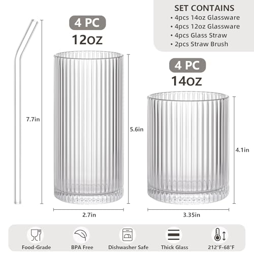 AUFXKOO Set of 8 Vintage Ribbed Glassware,4 Highball Glasses 12 oz,4 Rocks Drinking Glasses 14 oz,Ribbed Cocktail Glass Cu...