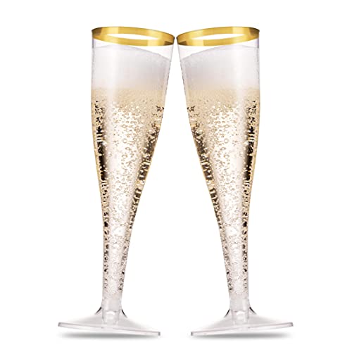 Munfix 100 Pack Gold Plastic Champagne Flutes, 5 Oz Clear Plastic Toasting Glasses Fancy Disposable Wedding Party Cocktail...