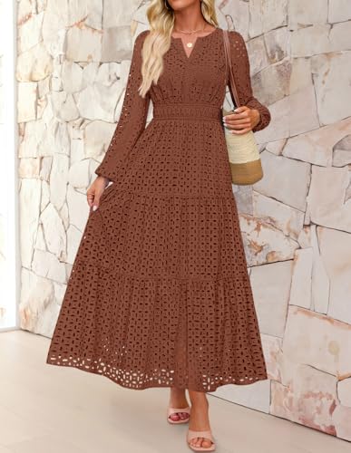 ZESICA Women's 2026 Spring Long Sleeve Maxi Dress V Neck Hollow Out Eyelet A Line Long Flowy Casual Party Dresses