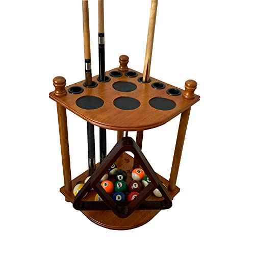 GACCO BILLIARDS Floor Pool Cue Rack Hold 8 Cue Sticks & Billiard Accessories. Corner Stand Pool Cue Holder Made of 100% Solid Hardwood. Provided Ball Rack Hook. CUE RACK ONLY (Classic Oak)