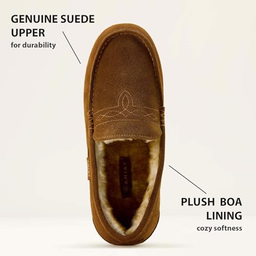 ARIAT Men's Clayton Moccasin Slippers - Durable Genuine Suede Warm Casual Stylish Indoor/Outdoor Shoes with Plush Boa Lining