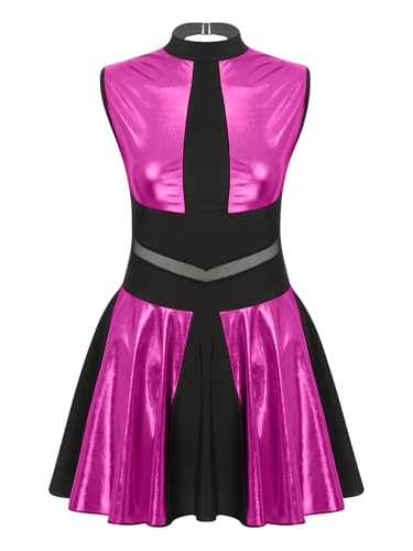 Moily Women Wet Look Pleated Dress Disco Dance 80s Holographic Dress Hallowen Cosplay Outfits Hot Pink Large