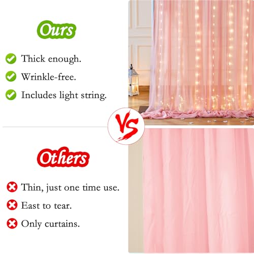 Wish Care 10ft x 10ft Baby Pink Chiffon Backdrop Curtain with Lights String for Parites Wedding Wrinkle Free Curtain Photo...