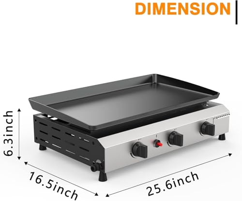 ADREAK 3 Burner BBQ Gas Griddle, 25.6 Inch Stainless Steel Tabletop Portable Propane Griddle, 30,000 BTU Flat Top Grill fo...