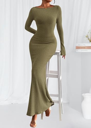 PRETTYGARDEN Women's Fall Fashion 2026 Long Sleeve Maxi Dress Ribbed Knit Boat Neck Bodycon Casual Dresses Going Out Outfits
