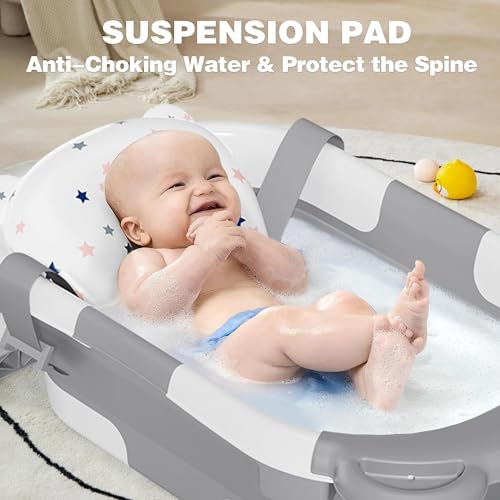 MoreFeel Collapsible Baby Bathtub for Newborn with Thermometer & 1 Hooded Towel & 1 Soft Floating Cushion,Portable Travel ...