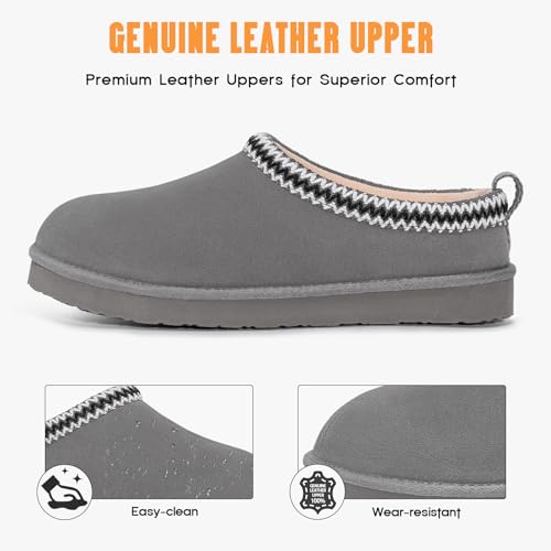 FITORY Men’s Winter Genuine Leather Slippers, Comfy Memory Foam Suede Shoes with Warm Fleece-Lined for Indoor and Outdoor ...