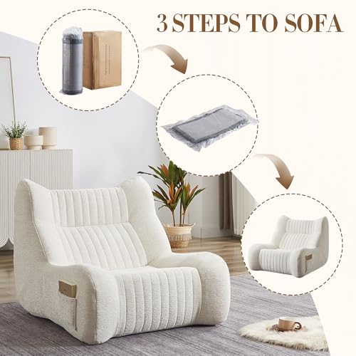 KEIKI Bean Bag Chair with Armrests & Side Pockets, Oversized Comfy Lounge Sofa, High-Resilience Foam, Ergonomic Design, Plush Accent Chair for Living Room & Bedroom, White