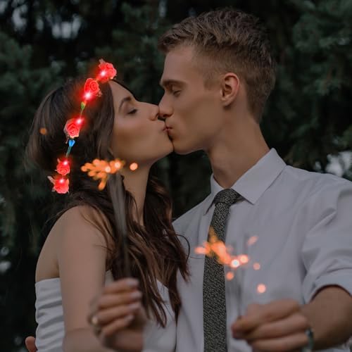 YOFOBU 24PCS LED Flower Crown,Red Light Up Flower Headband for Women,Glow in The Dark Flower Wreath Crowns for Weddings,Br...