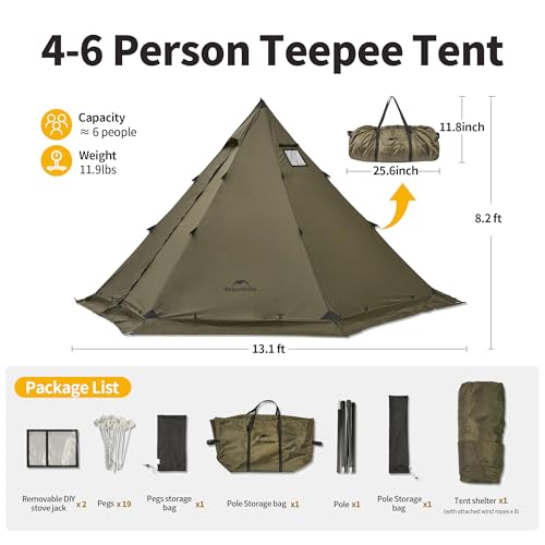 Naturehike Ranch Fire Teepee Tent, Cold Weather Winter Hot Tent with Stove Jack, 4-6 Person Waterproof Windproof 4 Season ...