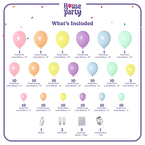 HOUSE OF PARTY 140PCS Pastel Rainbow Balloon Arch Garland Kit - Balloon Arch Kit-Birthday Balloons, Globos para Decoracion...