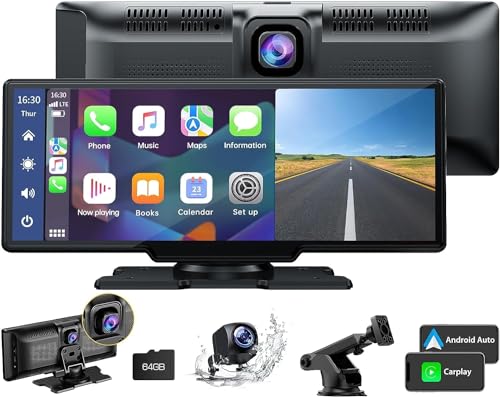 LAMTTO 9.26" Wireless Carplay and Android Auto with 2.5K Dash Cam, 1080P Backup Camera, Portable Touchscreen GPS Navigatio...
