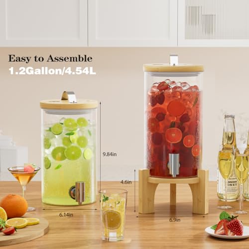 VOVUVK 1.2 Gallon Glass Drink Dispenser For Parties, beverage dispenser with Bamboo wood stand And Stainless Steel Spigot,...