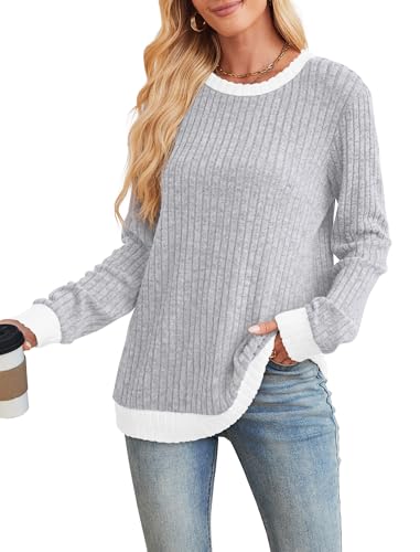 Sampeel Womens Tops Long Sleeve Shirts Lightweight Sweaters Loose Fit Crewneck Color Block Fall Fashion Outfits