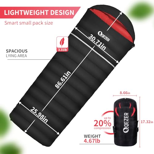 QEZER Down Sleeping Bag for Adults, 600 Fill Power, Ultralight & Compact with Compression Sack for Backpacking, Camping, H...