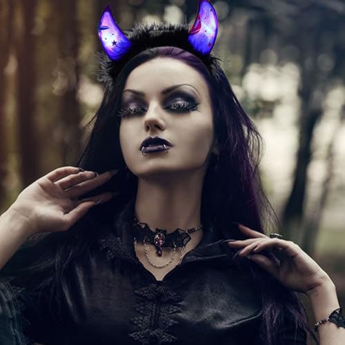 Gangel Light Up Halloween Headbands LED Devil Horns Headband Glittering Cow Horn Headpiece Festive Hair Accessories for Women