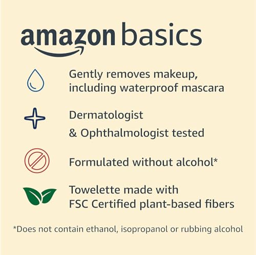 Amazon Basics Makeup Remover Wipes, Gentle Cleansing, Dermatologist Tested, Fragrance-Free, Plant Based, Alcohol-Free, Rem...