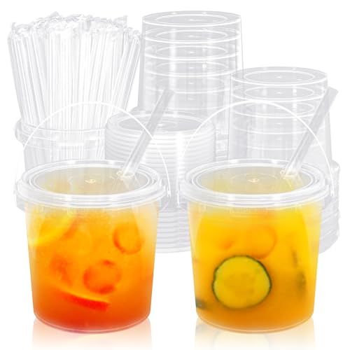 FYSUIMU 50Pcs Clear Plastic Cups with Lids & Straws 32 Oz Drink Bucket with Handle Disposable Cocktail Pails for Beach Poo...