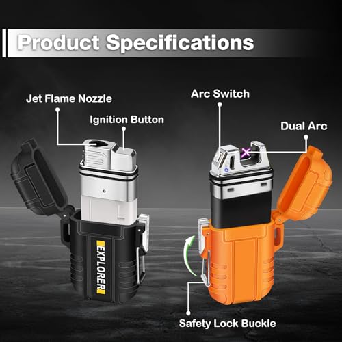 2 Pack Waterproof Lighter Outdoor Windproof Torch Lighters Dual Arc Butane Electric Lighters USB Rechargeable Lighters Fla...