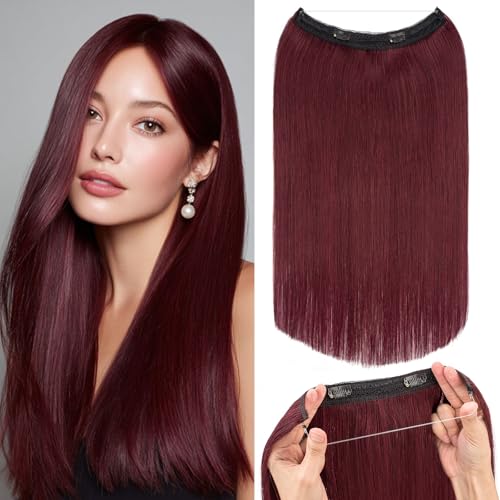 Rich Choices Halo Hair Extensions Real Human Hair Invisible Wire In Hair Extensions Remy Human Hair Clip in Human Hairpiece One Piece 18 Inch #99J Burgundy Red