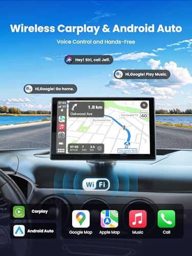 Portable CarPlay Screen for Car, 9'' Wireless Apple CarPlay & Android Auto Screen for Car, 4K Dash Cam, 1080P Backup Camer...