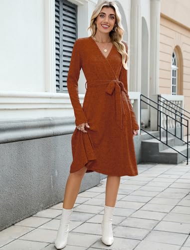 ZAFUL Women's 2025 Casual V Neck Long Sleeve Sweater Dress Wrap Ribbed Knit Pleated Midi Dresses with Belt
