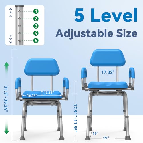 Loyoda FSA/HSA Eligible Swivel Shower Chair with Arms and Back, Padded Shower Bench with Pivoting Arms, Height Adjustable ...