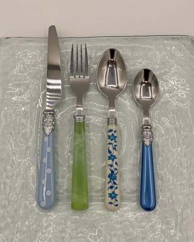 The Original Brink House Eclectic Blue Green Mix & Match Stainless Steel Cutlery Set / 16 pieces with Metal Stand/Lifestyl...