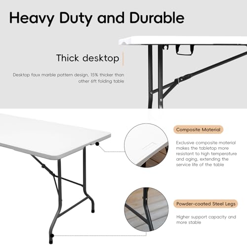 pollilar Folding Table 6FT Plastic 6 Foot Foldable Table HDPE Portable Banquet Surface Fold-in-Half Desk Utility for Worki...