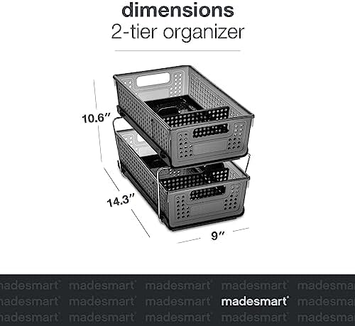 madesmart 2-Tier Organizer, Multi-Purpose Slide-Out Storage with Handles and Dividers for Home and Bath, BPA Free, Smoke