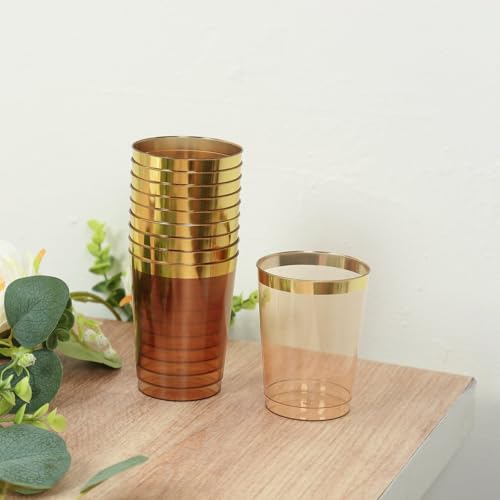 Efavormart 25 Pack Amber Gold Crystal Plastic Tumbler Cups with Gold Rim, Disposable Drinking Glasses Party Cups - 10oz