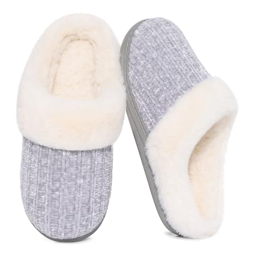 Evshine Warm Knit House Slippers for Women Comfy Wool-Like Lined Chenille Slippers with Memory Foam and Indoor Outdoor Soles