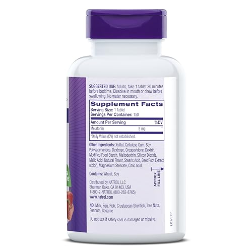 Natrol Melatonin 5mg Fast Dissolve Tablets, Sleep Support Supplements for Adults, Strawberry Flavor, 150 Tablets, Up to 150 Day Supply