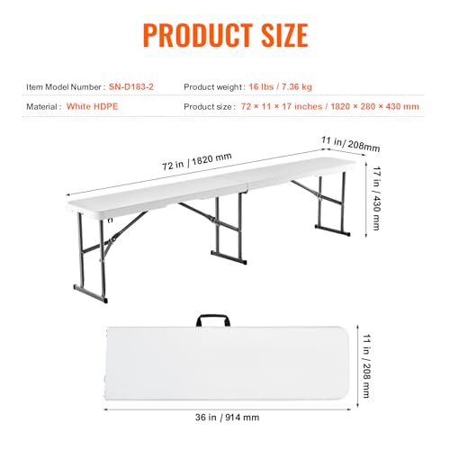 VEVOR Plastic Folding Bench, 6ft Portable Folding Bench, Smooth High Density Polyethylene Waterproof Outdoor Bench, Picnic...