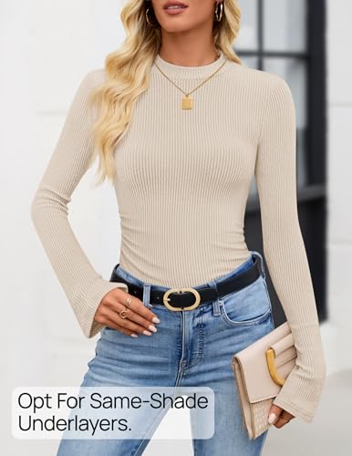 ZESICA Women's Long Sleeve Shirts 2026 Spring Mock Neck Ribbed Slim Fit Tops Basic Tees Dressy Casual Outfits Clothes