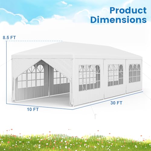 Tangkula Heavy Duty Party Tent - 10x30 Ft White Event Tent with 6 Sidewalls & 2 Zippered Doors, Ideal for Outdoor Wedding...