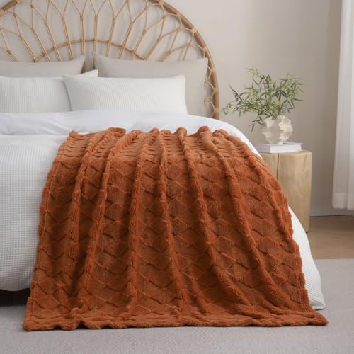 Burnt Orange Throw Blanket for Couch Sofa Bed 50x60 inches,Fleece Blankets Microfiber Flannel with Diamond Checkered Patte...
