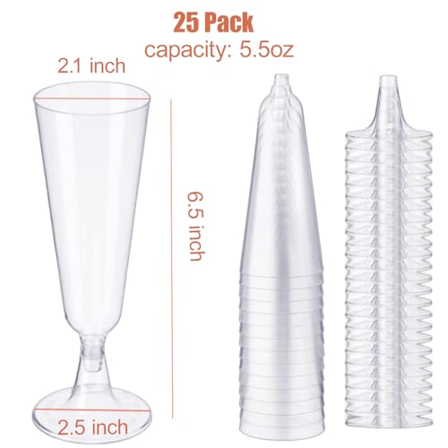MIIDNTLX Champagne Flutes Plastic,25 Pack Wine Glasses,Disposable Champagne Glasses,5 Oz Clear Shot Cups,New Year Christma...