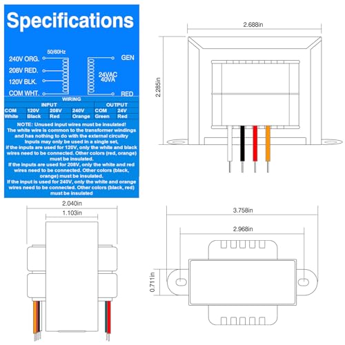 24V 40VA Control Transformer, Primary 120/208/240V, Secondary 24V Isolation Transformer with Foot Mount for HVAC Furnace Multi Tap