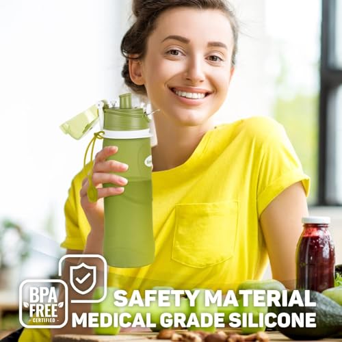 Kemier Collapsible Silicone Water Bottles-750ML,Medical Grade,BPA Free Travel Water Bottle Can Roll Up,26oz,Leak Proof Fol...