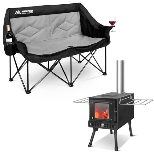 Huskfirm Double Camping Chair Oversized Loveseat & Wood Burning Stove Folding Wood Stove for Tent, Cooking, Courtyard, Cam...